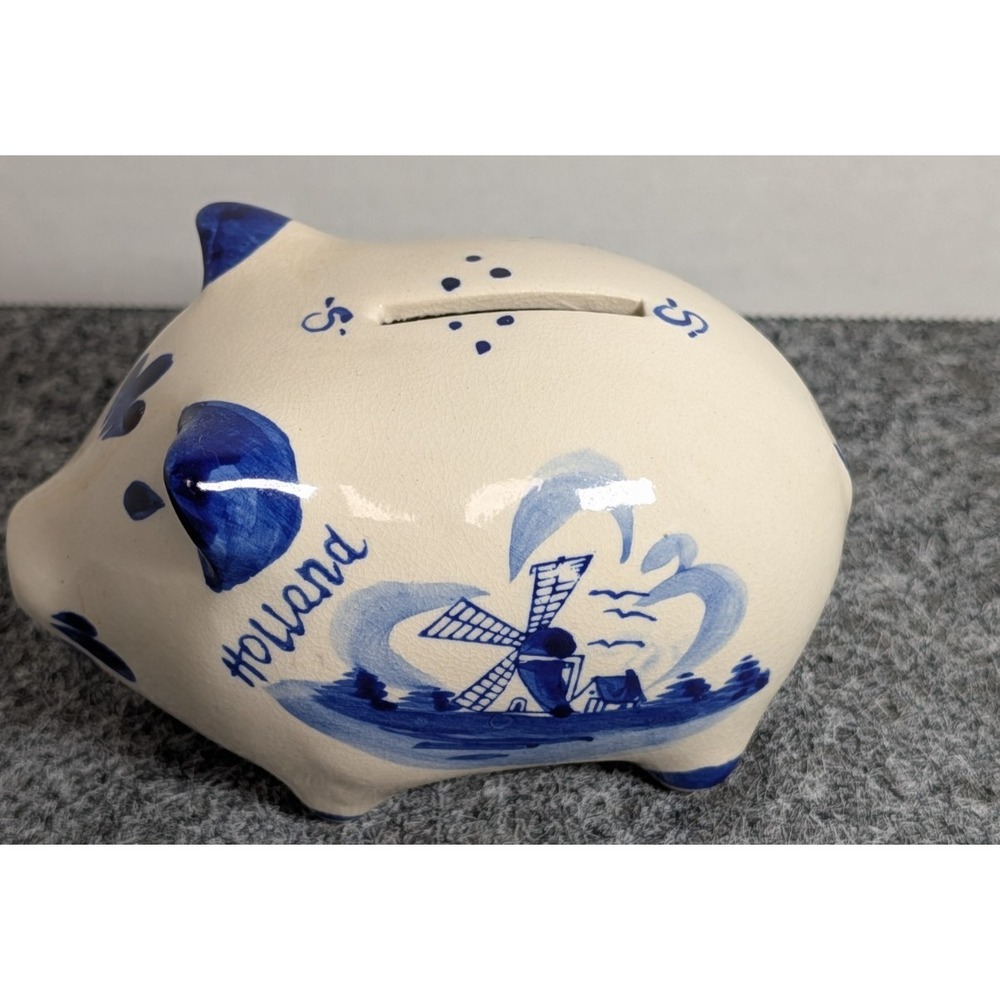 Delft Blue Holland Windmill Floral With Stopper Hand Painted Piggy / Coin Bank